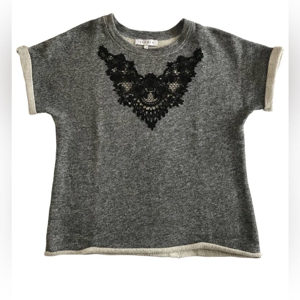 Sandro grey short-sleeve sweatshirt with black lace appliqué - Size 3 FR/US M